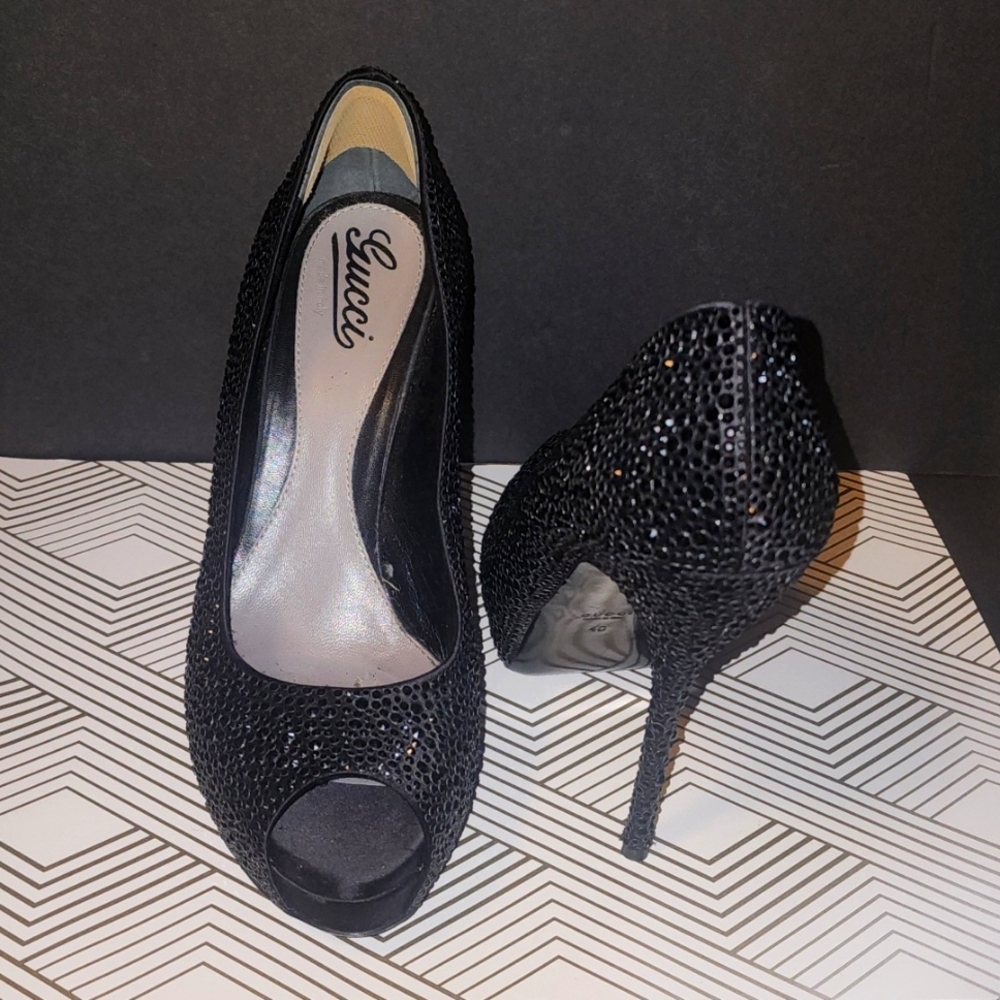 Gucci Black Satin Crystal Peep Toe Platform pump
